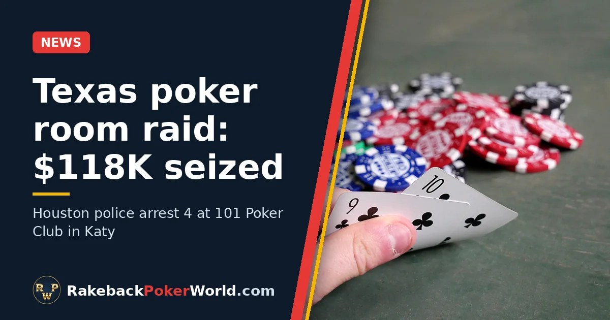 Cover: a player holding two cards over poker chips on a felt table, for the news of the 101 Poker Club raid in Katy, Texas