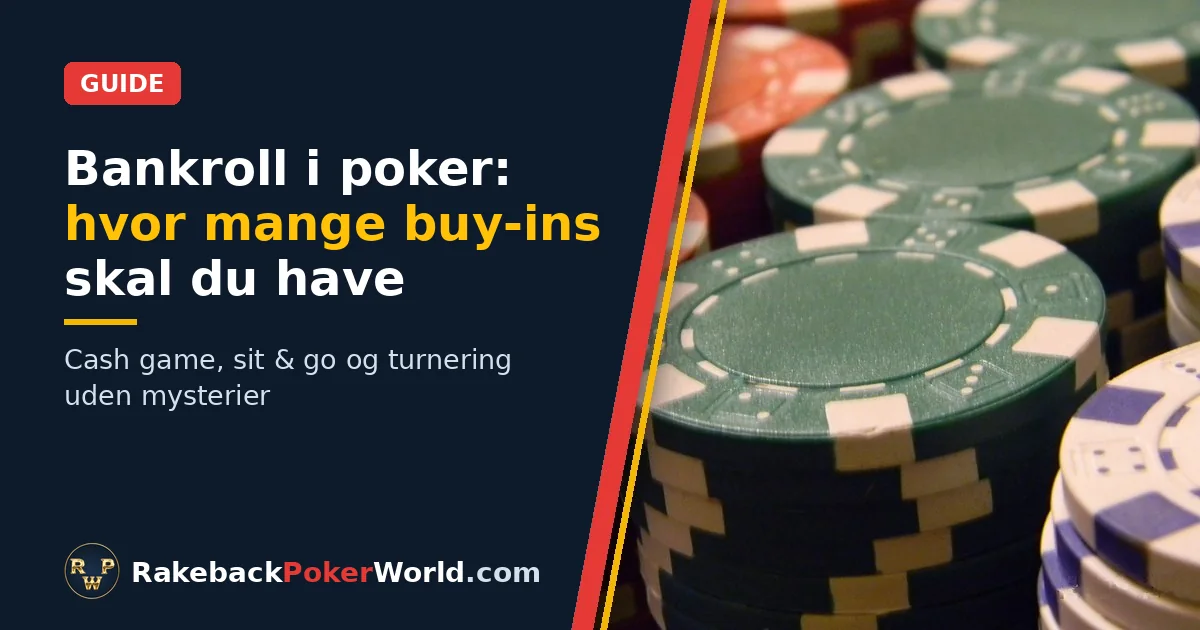 Cover: stakke af grønne, røde og hvide pokerchips; guide til bankroll i poker med hvor mange buy-ins du skal have
