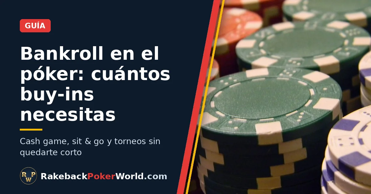 Portada: pilas de fichas de póker verdes, rojas y blancas; guía de bankroll en el póker con cuántos buy-ins tener