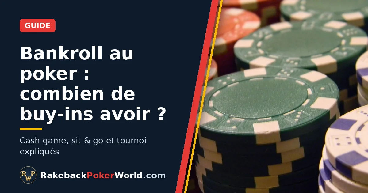 Couverture : piles de jetons de poker verts, rouges et blancs ; guide sur la bankroll au poker et le nombre de buy-ins à avoir