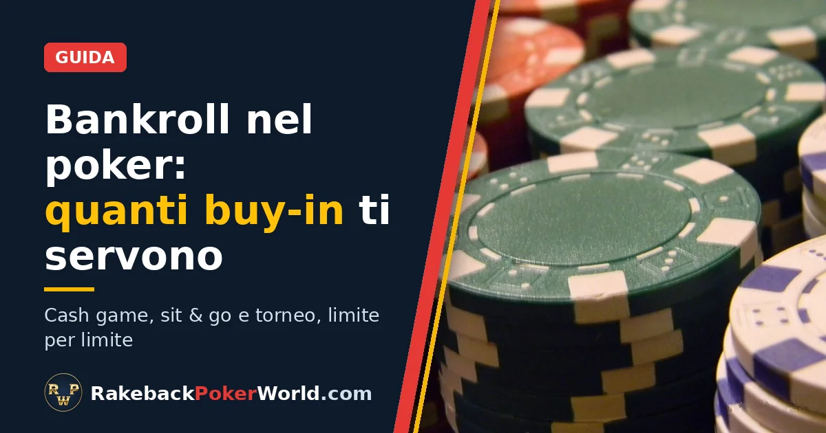 Copertina: pile di fiche da poker verdi, rosse e bianche; guida al bankroll nel poker con quanti buy-in avere