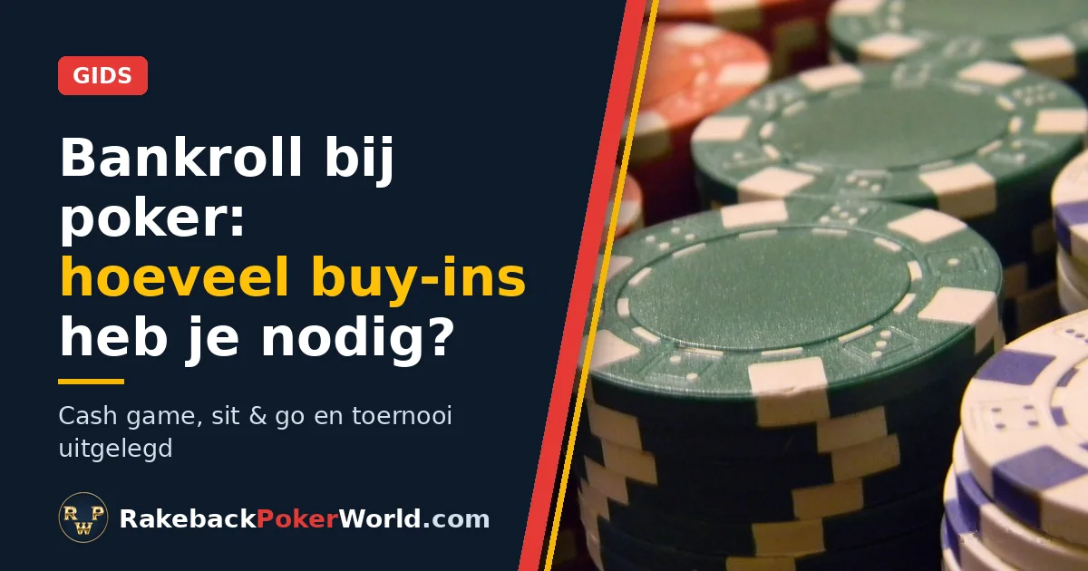 Cover: stapels groene, rode en witte pokerfiches; gids over bankroll bij poker en hoeveel buy-ins je nodig hebt