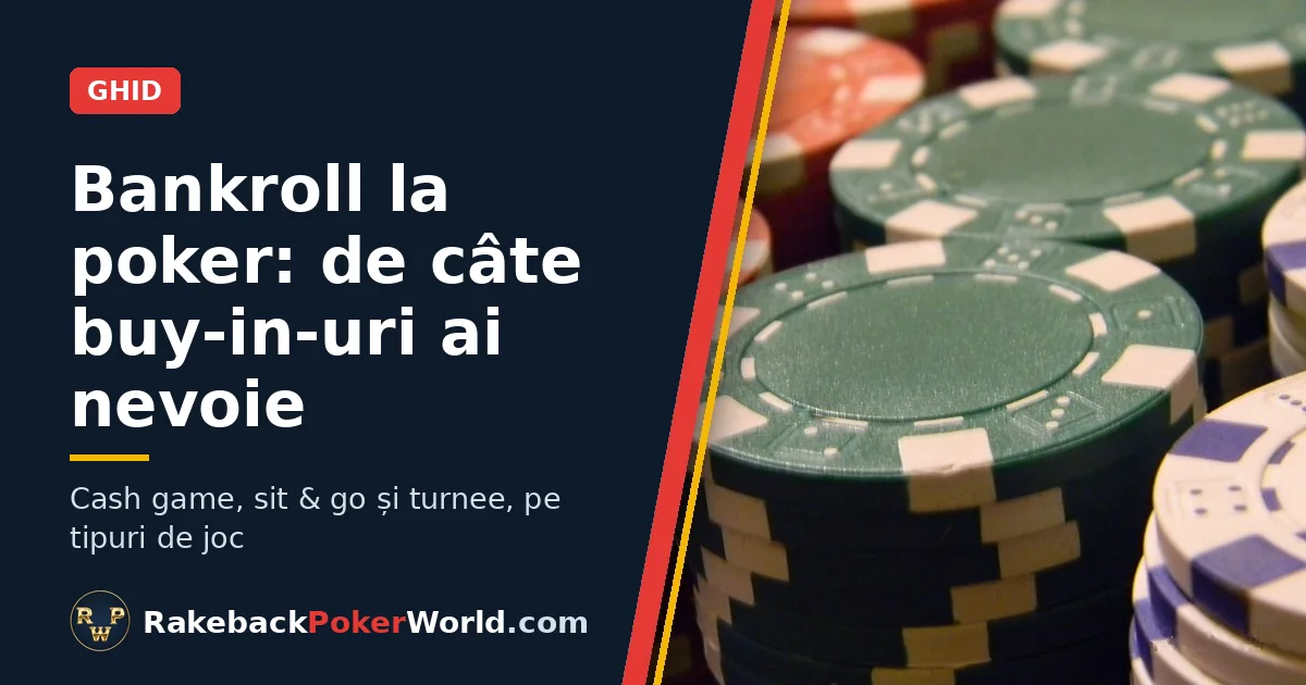 Copertă: stive de jetoane de poker verzi, roșii și albe; ghid de bankroll la poker cu numărul de buy-in-uri recomandat