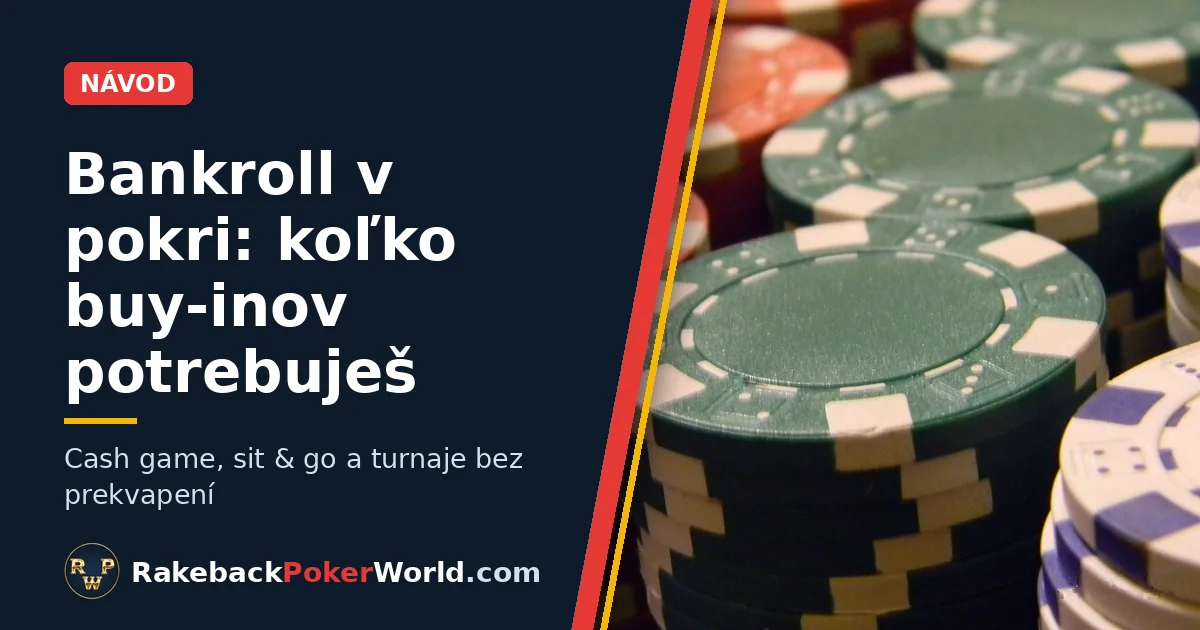 Obálka: stohy pokerových žetónov v zelenej, červenej a bielej farbe; návod na bankroll v pokri a koľko buy-inov mať