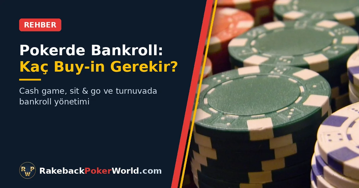 Kapak: yeşil, kırmızı ve beyaz poker fişi yığınları; pokerde kaç buy-in gerektiğini anlatan bankroll rehberi