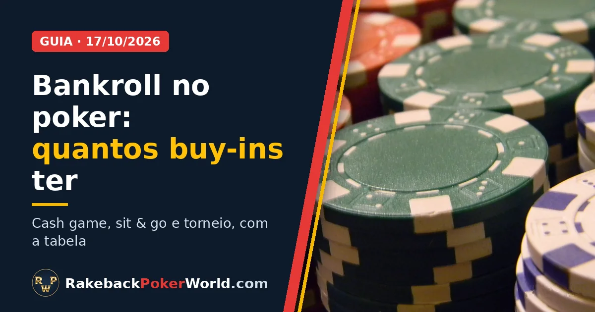 Capa: pilhas de fichas de poker verdes, vermelhas e brancas; guia de bankroll no poker com quantos buy-ins ter