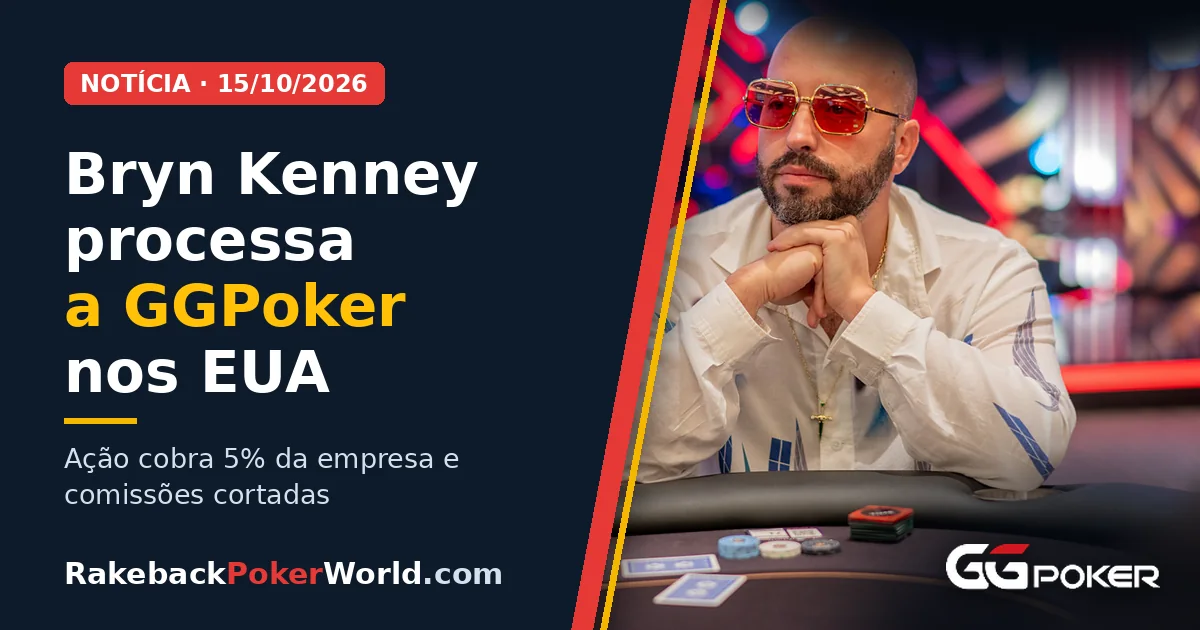 Capa: Bryn Kenney, de óculos vermelhos numa mesa de poker, com o logo da GGPoker; ele processa a GGPoker nos EUA e cobra 5% da empresa