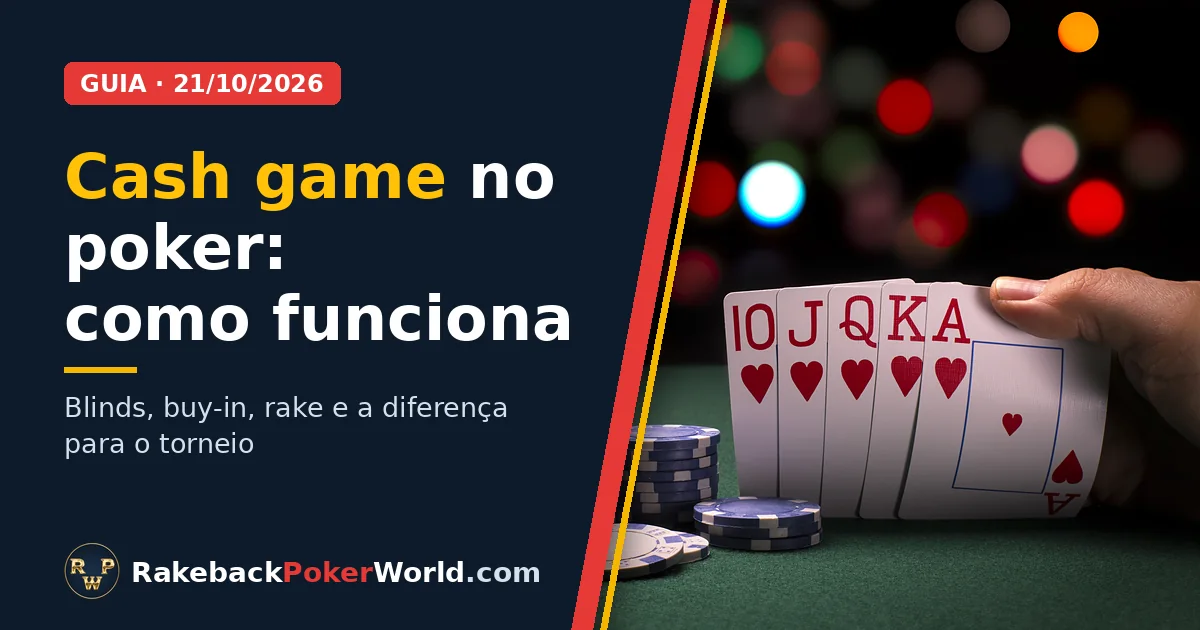 Capa do guia de cash game no poker: mão mostrando um royal flush de copas ao lado de pilhas de fichas numa mesa de feltro verde