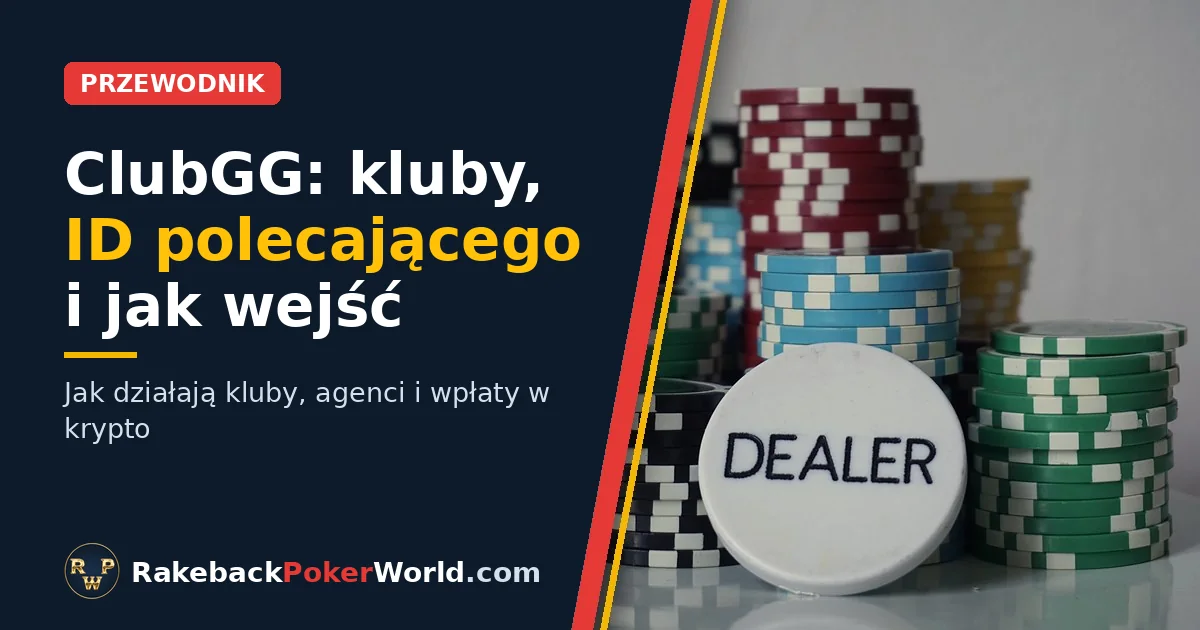 Okładka poradnika o klubach i ID polecającego w ClubGG: żetony pokerowe i przycisk dealera