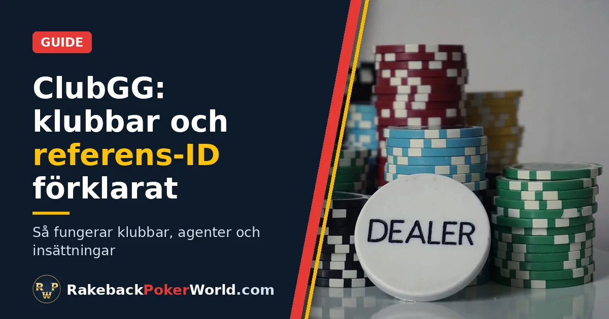 Omslag: pokermarker och dealerknapp i guiden om klubbar och referens-ID i ClubGG