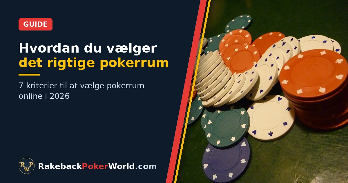 Coverbillede: farverige pokerchips spredt på et grønt filtbord, ved siden af titlen Hvordan du vælger det rigtige pokerrum