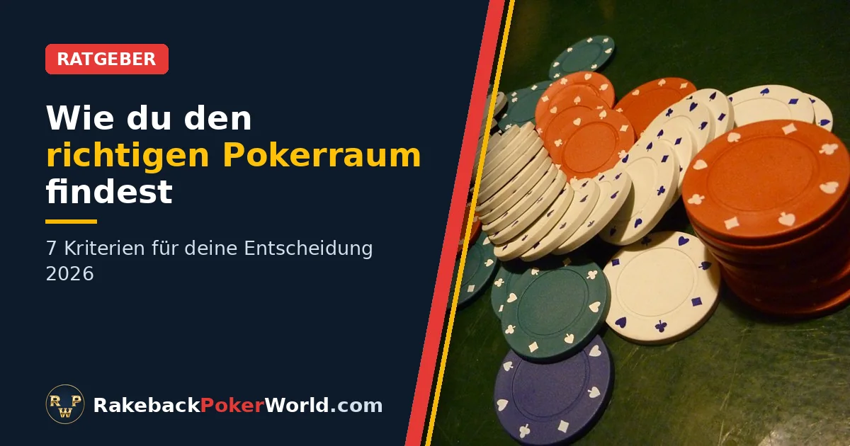 Titelbild: bunte Pokerchips auf einem grünen Filztisch verteilt, daneben der Titel „Wie du den richtigen Pokerraum findest“
