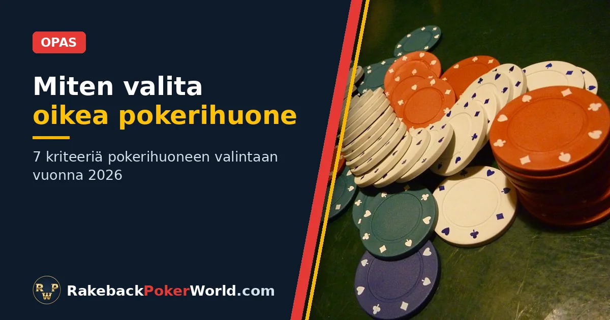 Kansikuva: värikkäitä pokerimerkkejä levällään vihreällä pöytähuovalla, vieressä otsikko Miten valita oikea pokerihuone