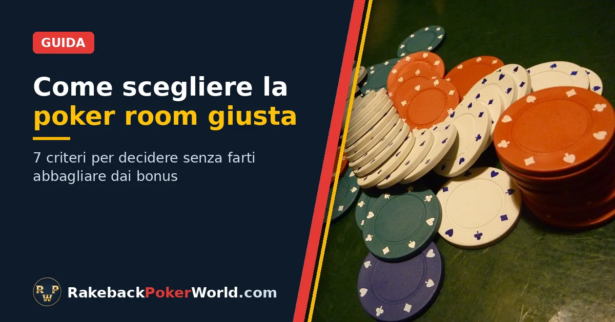 Copertina: fiches di poker colorate sparse su un tavolo di panno verde, accanto al titolo Come scegliere la poker room giusta