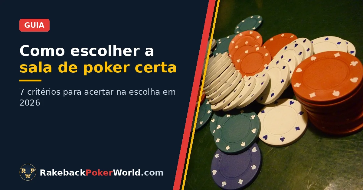 Capa: fichas de poker coloridas espalhadas numa mesa de feltro verde, ao lado do título Como escolher a sala de poker certa