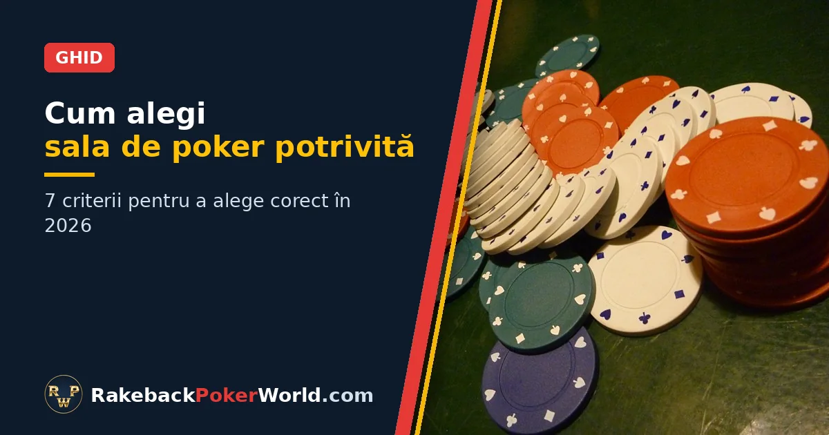 Copertă: jetoane de poker colorate împrăștiate pe o masă cu postav verde, alături de titlul Cum alegi sala de poker potrivită