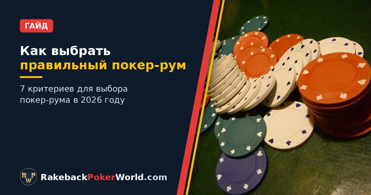 Обложка: разноцветные фишки для покера, рассыпанные по зелёному сукну стола, рядом с заголовком «Как выбрать правильный покер-рум»