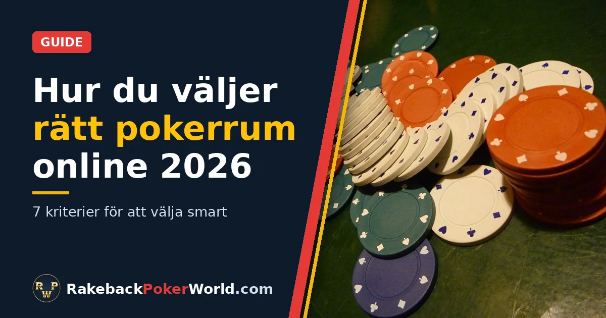 Omslag: färgglada pokermarker utspridda på ett grönt filtbord, bredvid titeln Hur du väljer rätt pokerrum