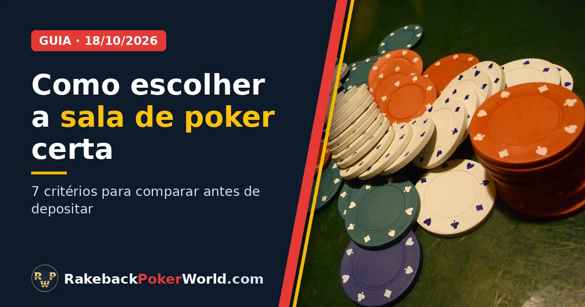 Capa: fichas de poker coloridas espalhadas numa mesa de feltro verde, ao lado do título Como escolher a sala de poker certa