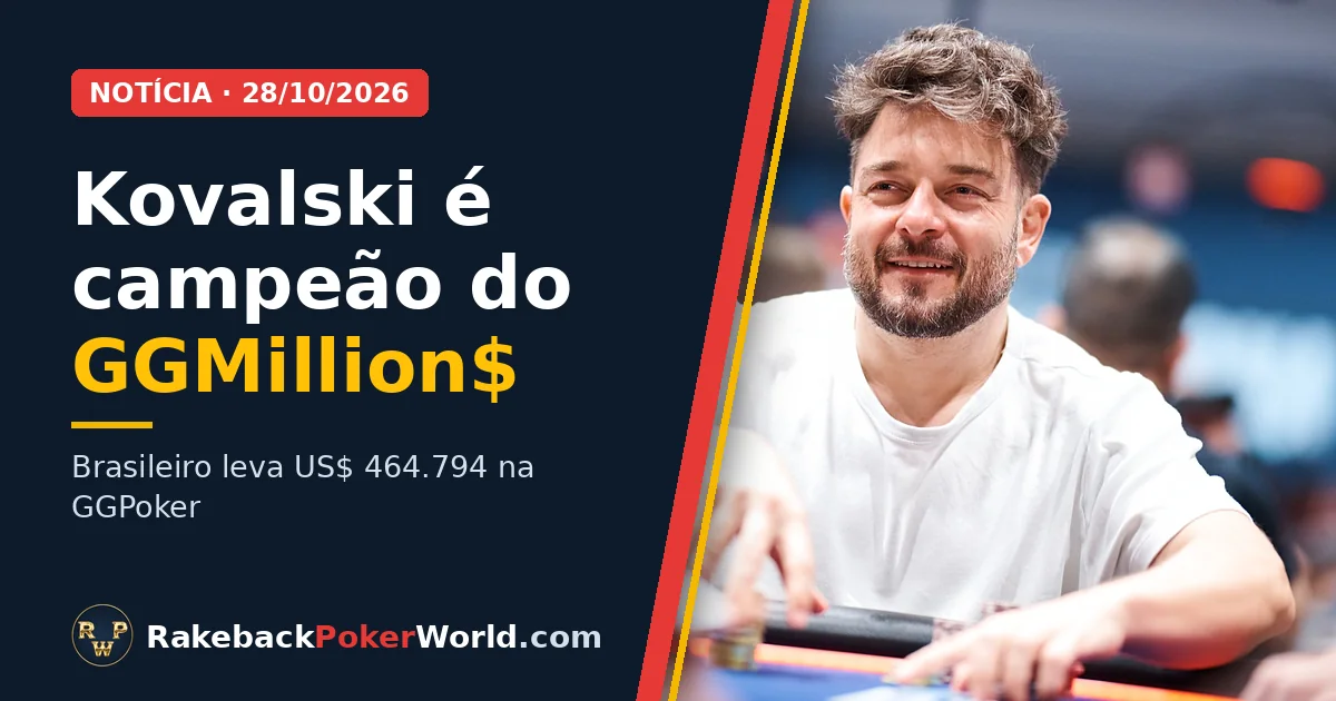 Capa: Fabiano Kovalski, de camiseta branca, sorri numa mesa de poker; ele é campeão do GGMillion$ da GGPoker