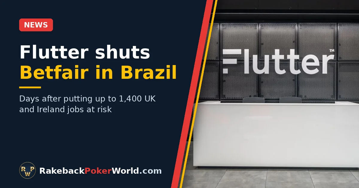 Cover: a Flutter office reception with the company logo, for a story on Flutter redundancies and Betfair leaving Brazil