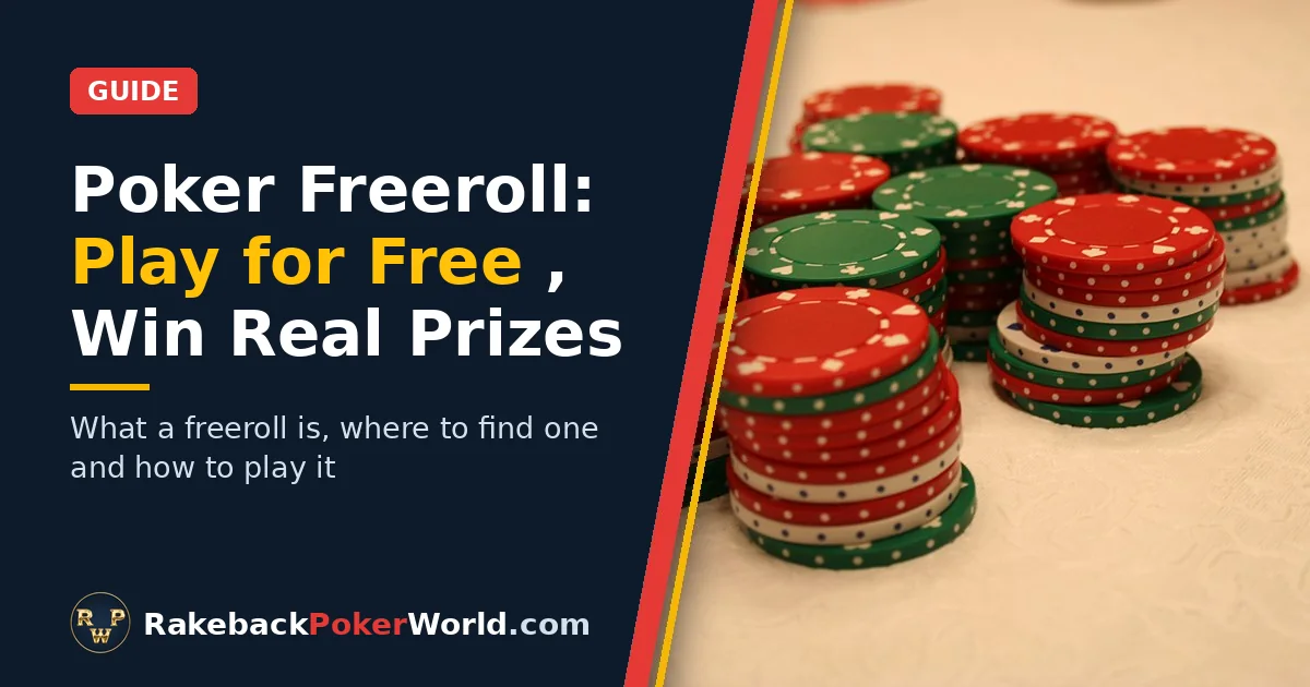 Cover: stacks of red, green and white poker chips on the table, illustrating the poker freeroll guide