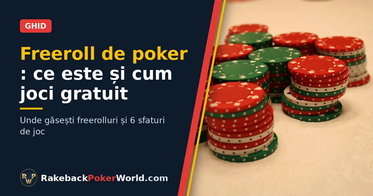 Copertă: stive de jetoane de poker roșii, verzi și albe pe masă, ilustrând ghidul despre freeroll de poker