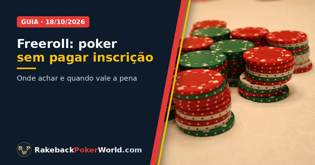 Capa: pilhas de fichas de poker vermelhas, verdes e brancas sobre a mesa, ilustrando o guia de freeroll de poker
