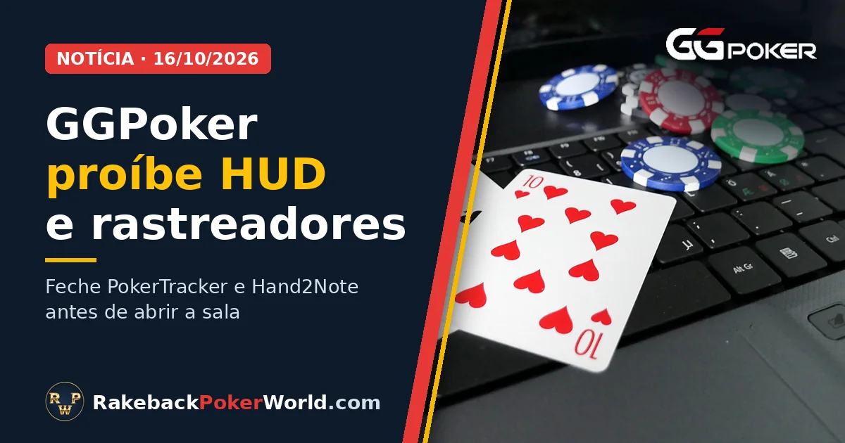 Capa: notebook com cartas de baralho e fichas de poker sobre o teclado; a GGPoker proíbe HUD e programas de terceiros