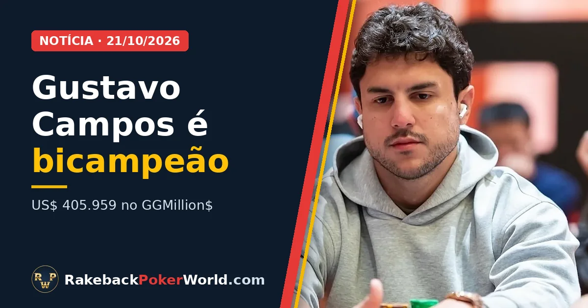 Capa: Gustavo Campos, de moletom cinza, concentrado à mesa de poker; ele é bicampeão do GGMillion$ da GGPoker