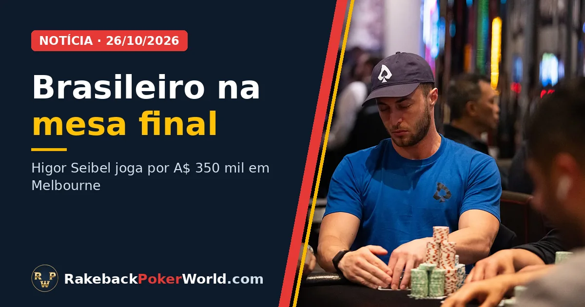 Capa: Higor Seibel de boné e camiseta azul, com fichas na mesa do Victorian Poker Championship, em Melbourne