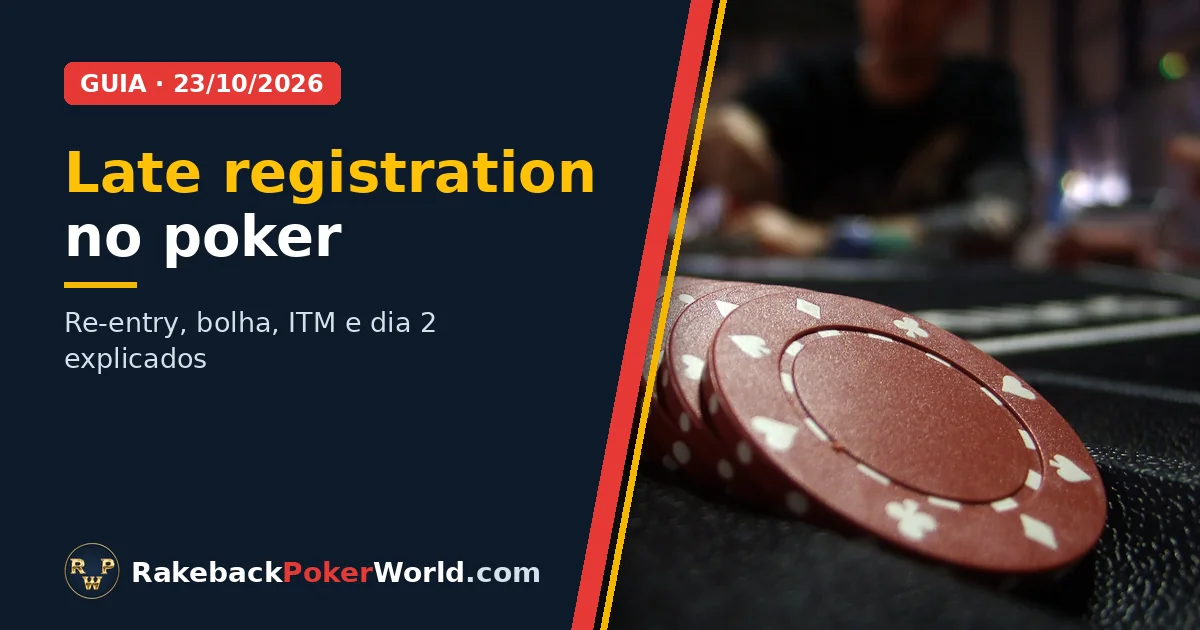 Capa: fichas de poker vermelhas enfileiradas no feltro de uma mesa de torneio, com um jogador ao fundo; guia de late registration no poker