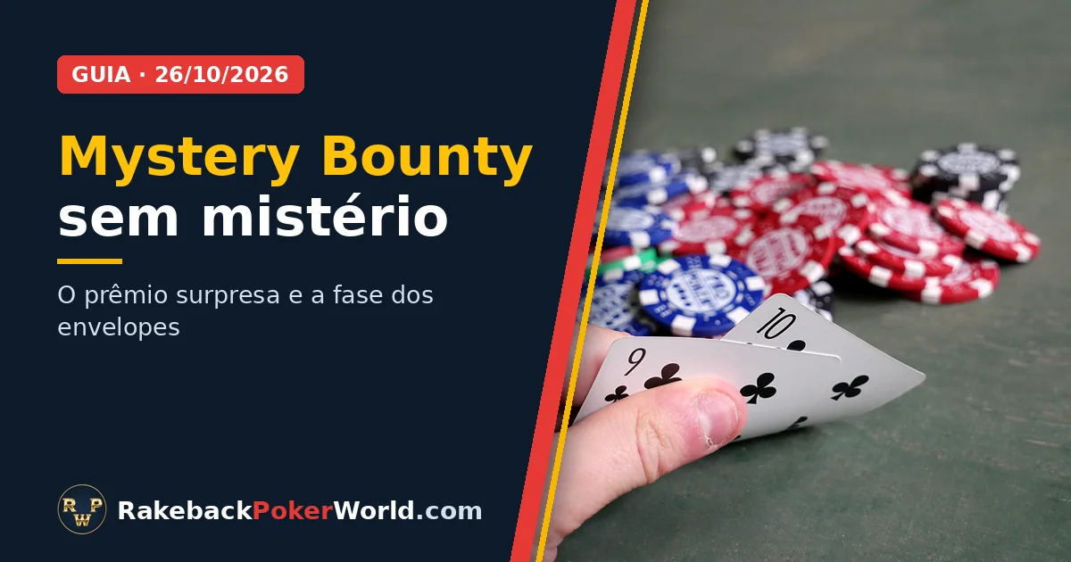 Capa: mão espiando um 9 e um 10 de paus diante de fichas espalhadas no feltro; guia do Mystery Bounty no poker