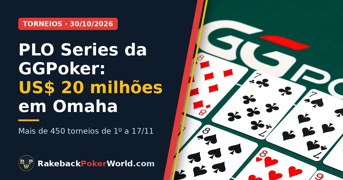 Capa: cartas abertas sobre o feltro verde com o logo da GGPoker; a PLO Series GGPoker garante US$ 20 milhões em torneios de Omaha