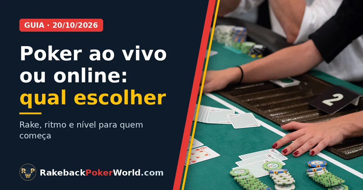 Capa: crupiê distribui as cartas numa mesa de poker ao vivo, com fichas no feltro verde; guia sobre poker ao vivo ou online