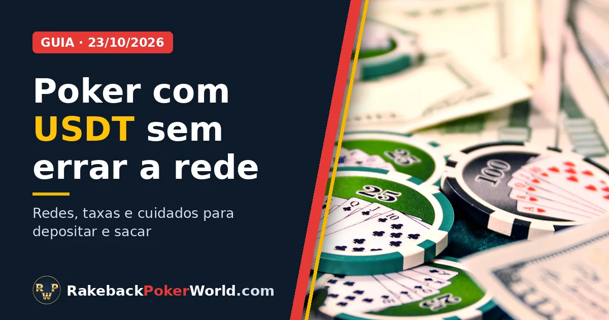 Capa: fichas de poker e notas de dólar sobre o feltro verde; guia de poker com USDT, o dólar digital no caixa da sala