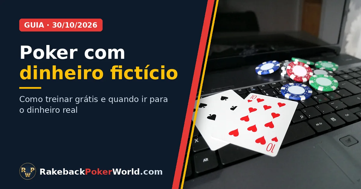 Capa: cartas e fichas de poker sobre o teclado de um notebook; guia de poker com dinheiro fictício para treinar grátis