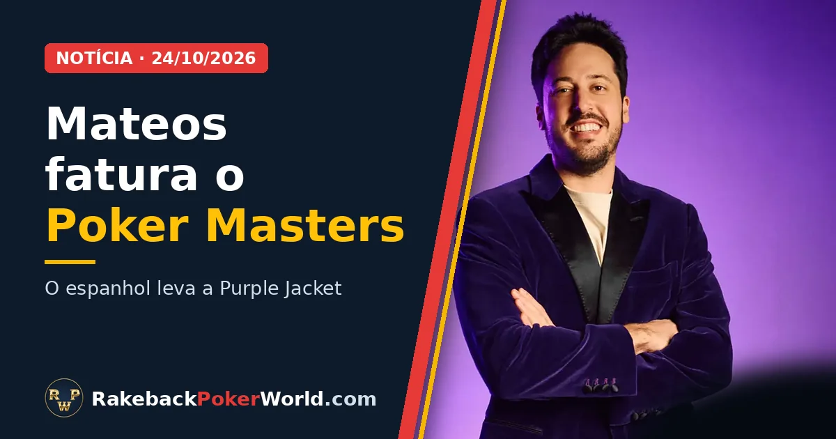 Capa: Adrian Mateos sorri de braços cruzados, de blazer roxo, num estúdio iluminado de roxo; ele é o campeão do Poker Masters 2026