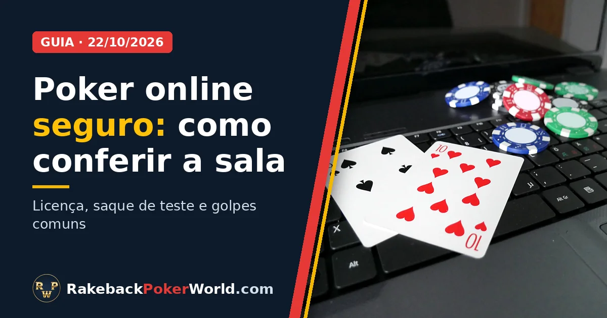 Capa: cartas e fichas sobre o teclado de um notebook; guia de poker online seguro, com licença, saque de teste e golpes comuns