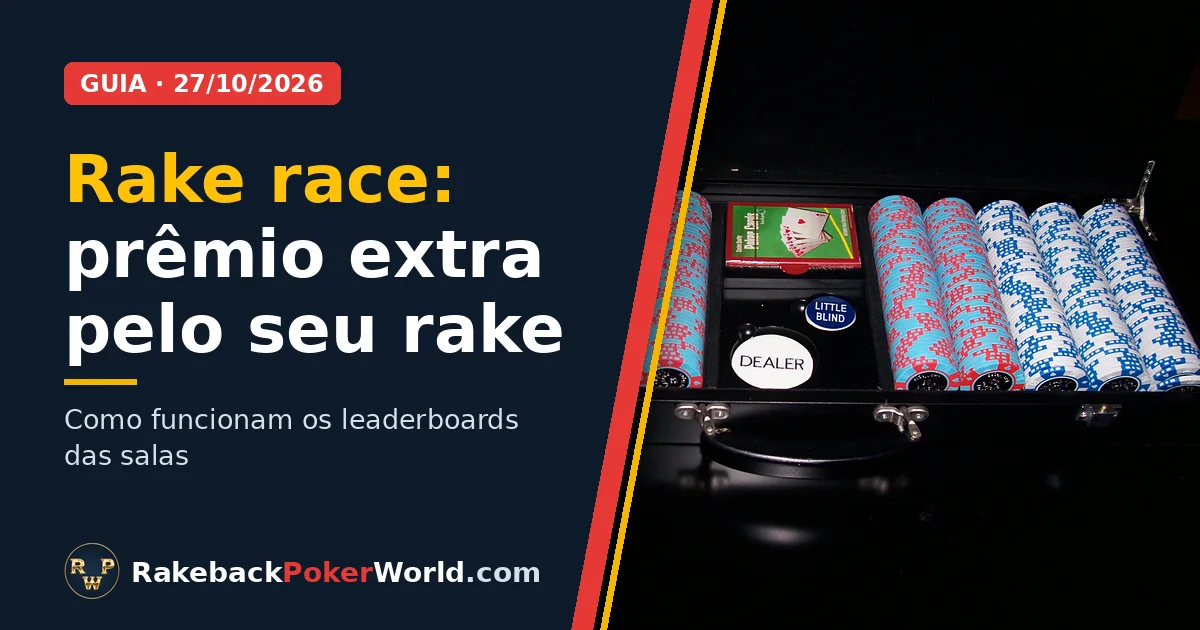 Capa: estojo aberto com pilhas de fichas de poker coloridas e o botão do dealer, ilustrando a rake race no poker online