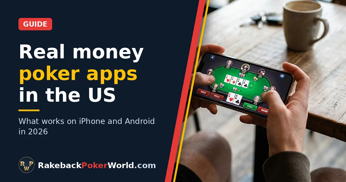Cover: a player holds a phone sideways with an online poker table on the screen, at a wooden table