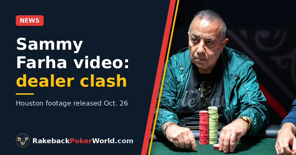 Cover: Sammy Farha at a poker table, with the headline "Sammy Farha video: dealer clash"