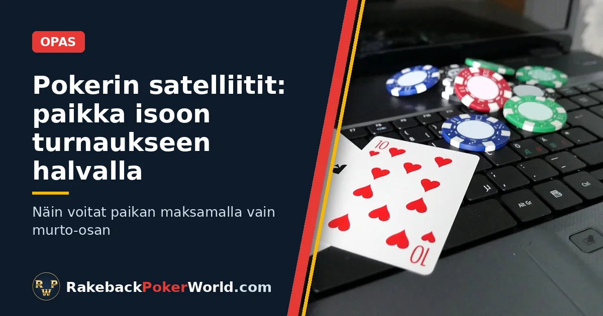 Kannen kuva: pokerikortteja ja -merkkejä läppärin näppäimistöllä; opas pokerin satelliiteista, edullinen oikotie isoihin turnauksiin
