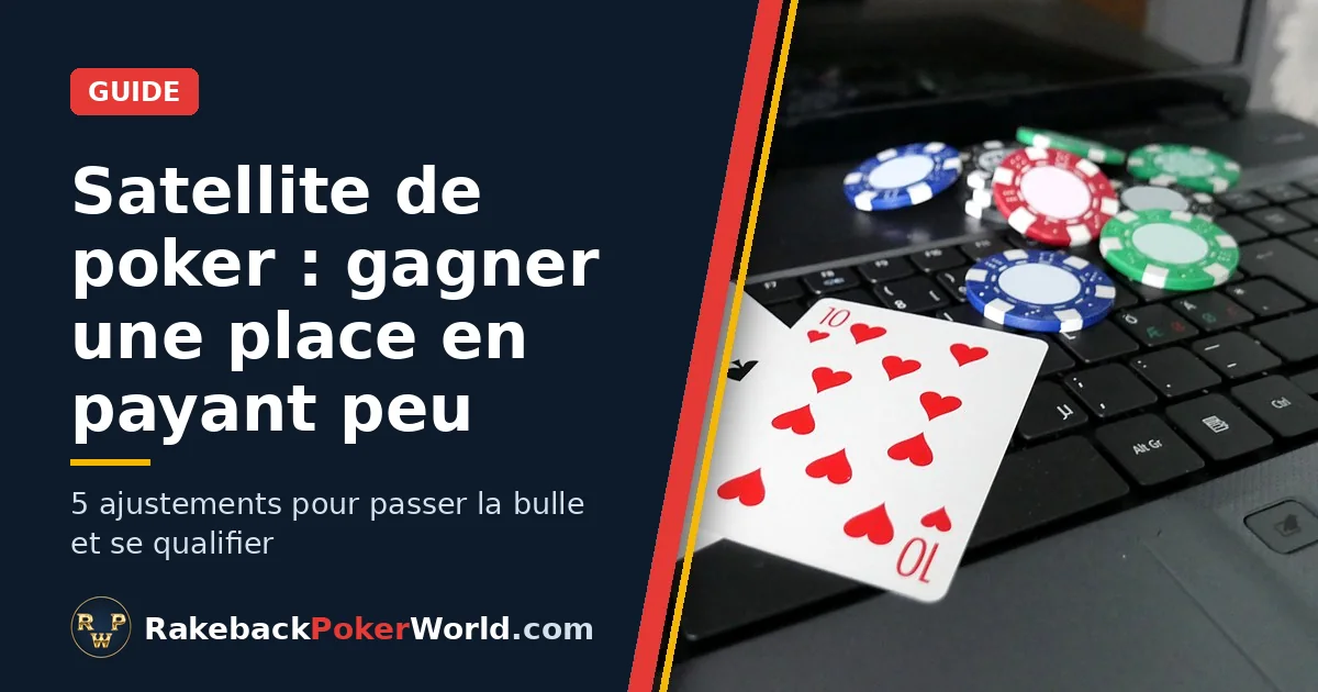 Couverture : cartes et jetons de poker sur le clavier d'un ordinateur portable ; guide du satellite de poker, le raccourci économique vers les gros tournois