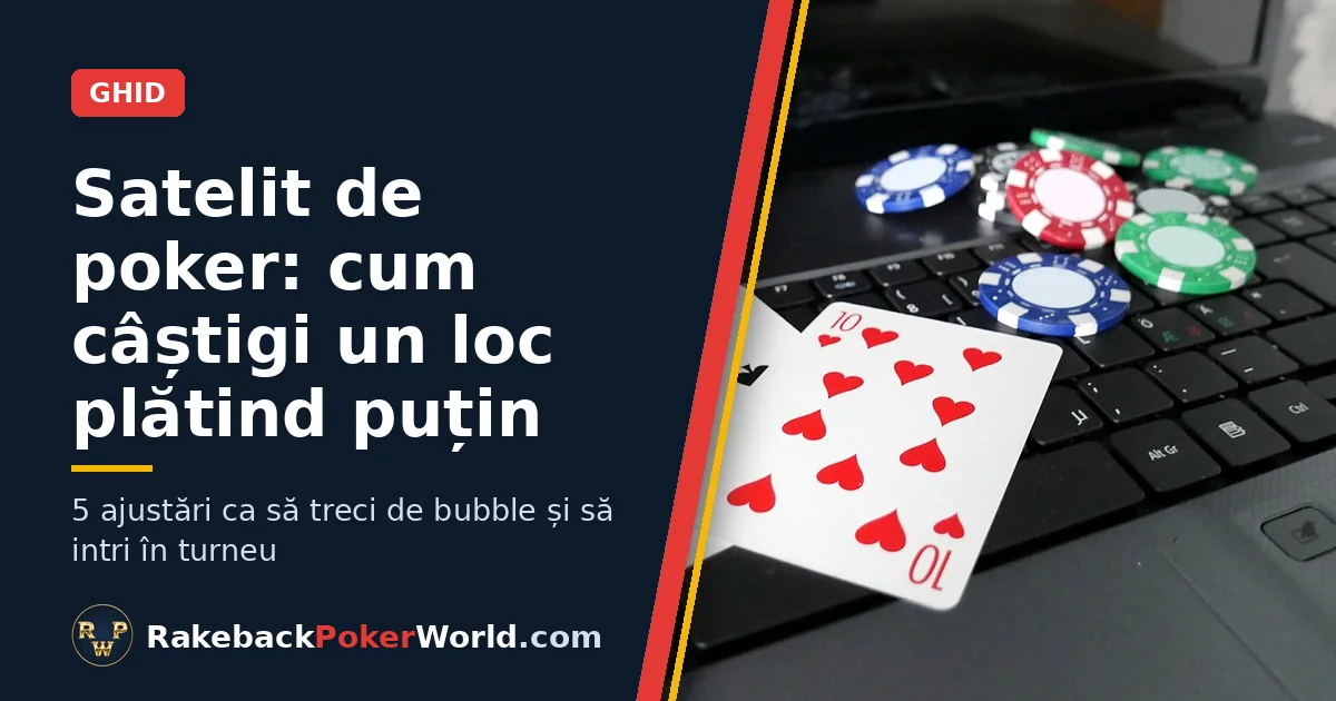 Copertă: cărți și jetoane de poker pe tastatura unui laptop; ghid despre satelitul de poker, scurtătura ieftină spre turneele mari