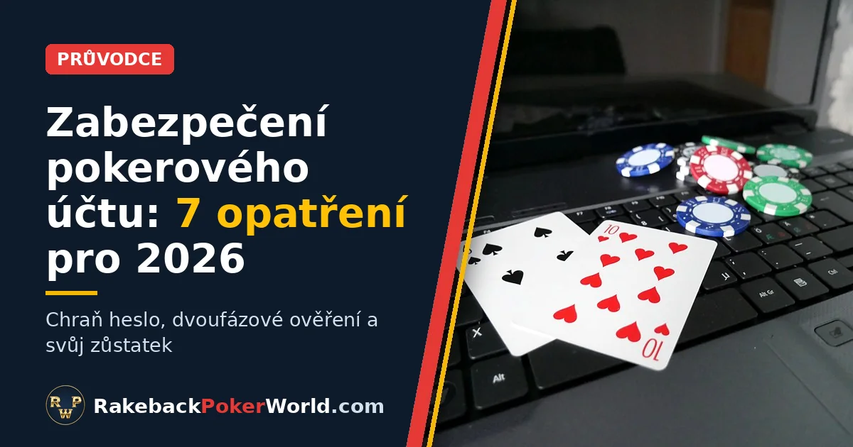 Obálka průvodce zabezpečením pokerového účtu: notebook se dvěma hracími kartami a pokerovými žetony na klávesnici