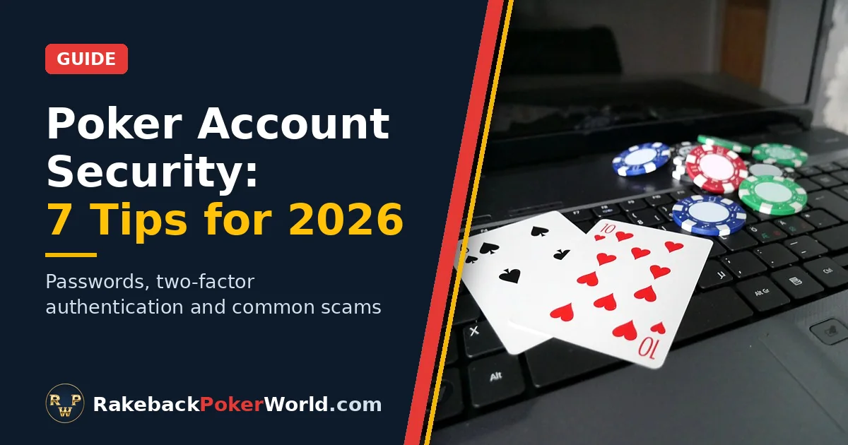 Cover image for the poker account security guide: laptop with two playing cards and poker chips on the keyboard