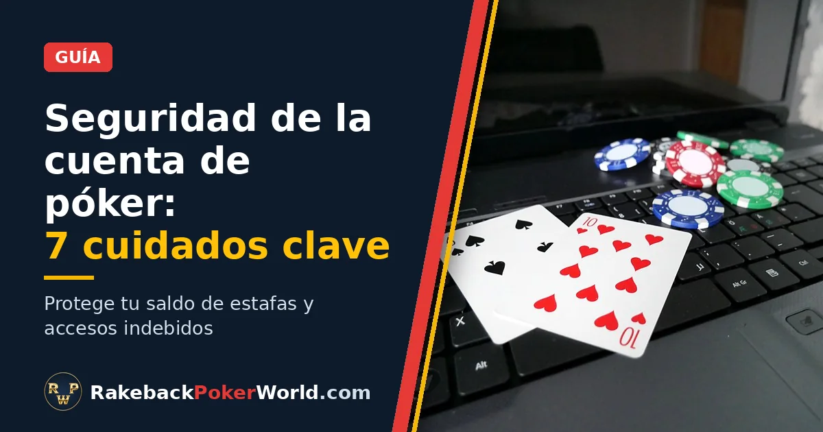 Portada de la guía de seguridad de la cuenta de póker: laptop con dos cartas de baraja y fichas de póker sobre el teclado