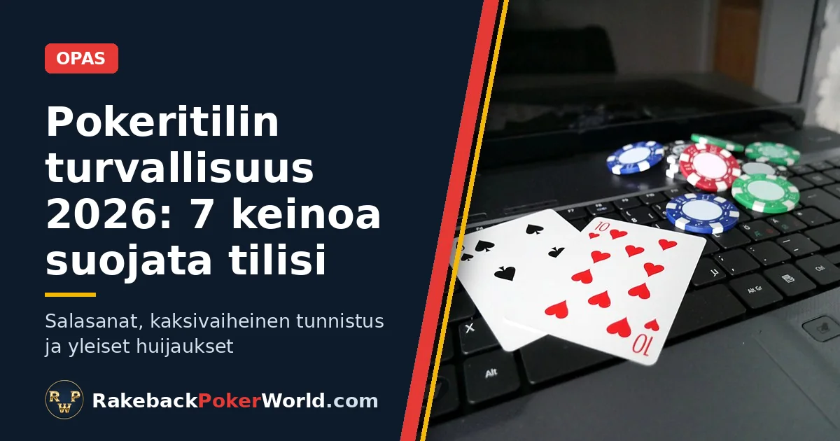 Pokeritilin turvallisuusoppaan kansikuva: kannettava tietokone, kaksi pelikorttia ja pelimerkkejä näppäimistön päällä