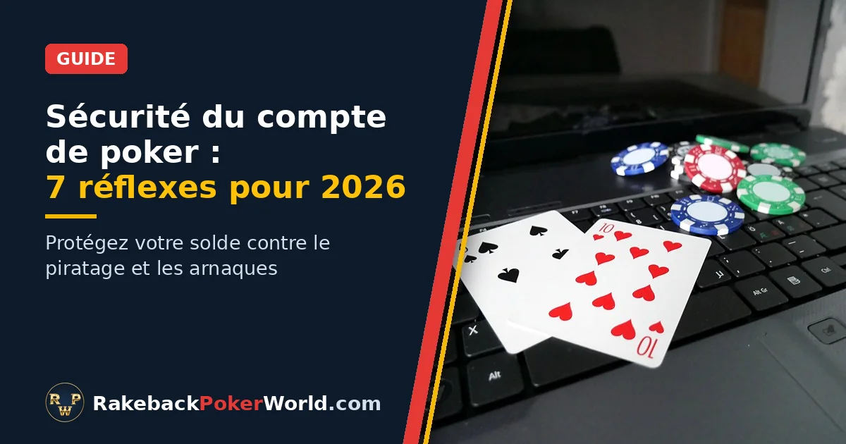 Couverture du guide sur la sécurité du compte de poker : ordinateur portable avec deux cartes et des jetons de poker sur le clavier